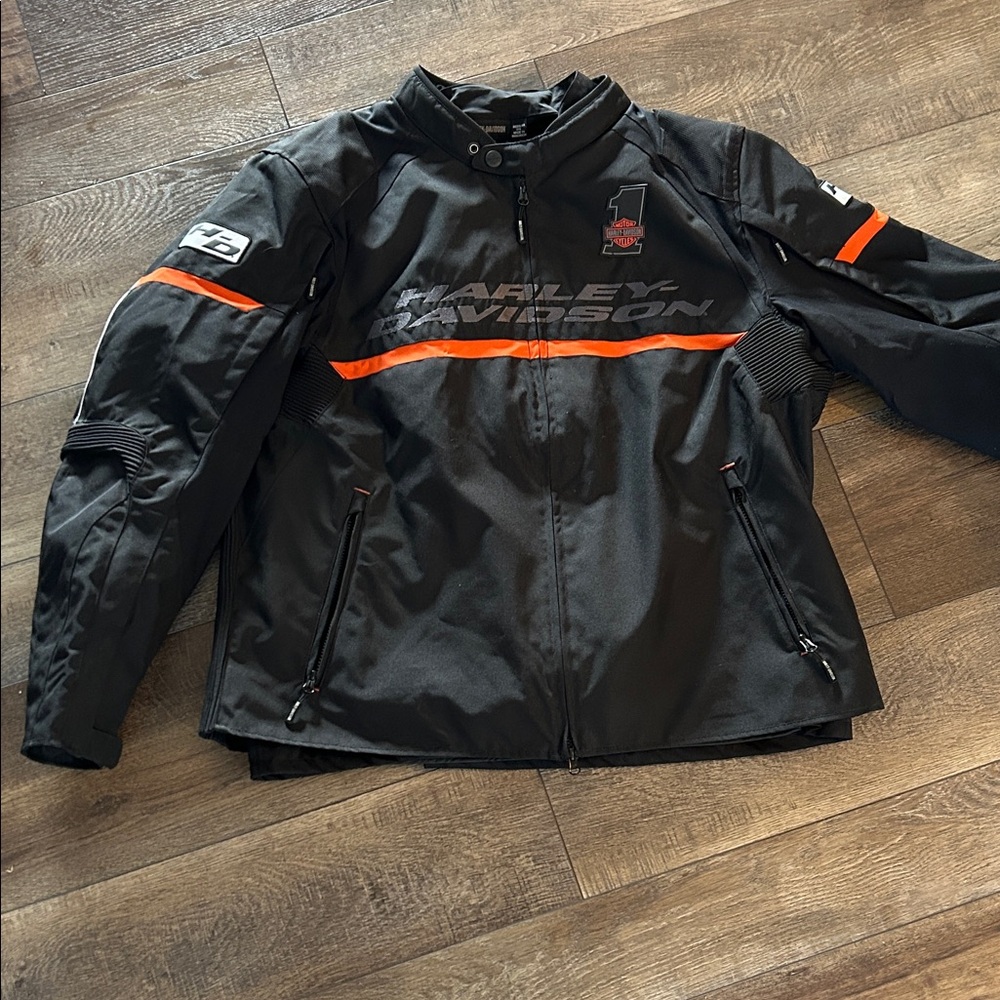 Harley-Davidson Men's Black Jacket with Orange Stripes
Bin A